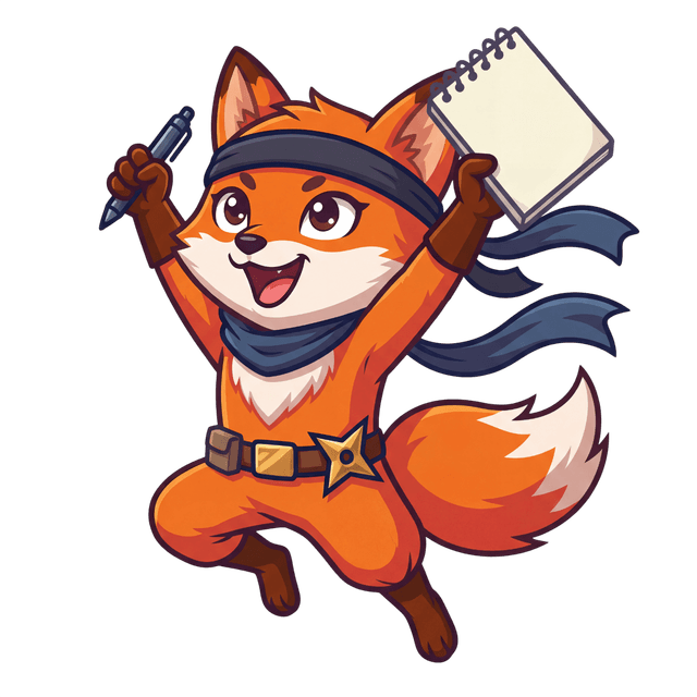 Fox mascot jumping with notebook